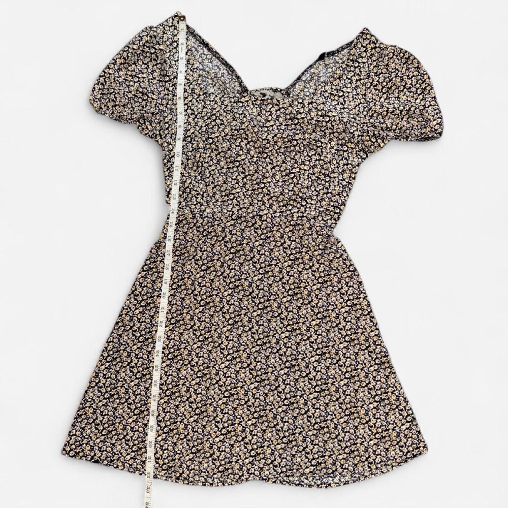 Black Puff Sleeve Yellow Daisy Mini Dress with Open Tie Back; Size SMALL - Picture 4 of 8